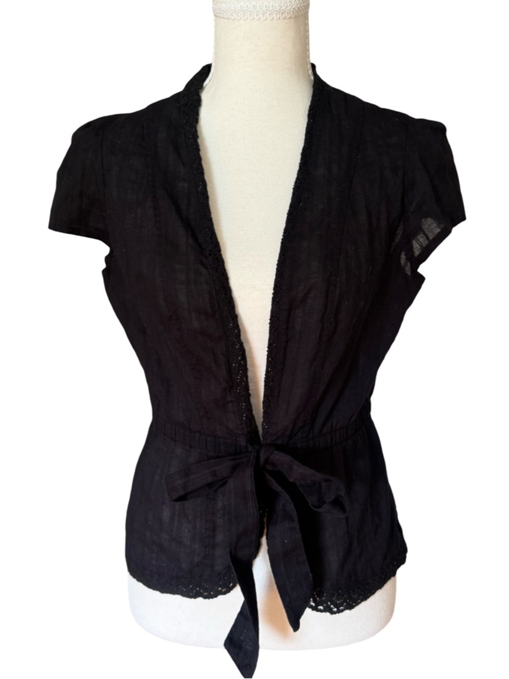 Vintage a.n.a. Black Tie-Front Lace-Trimmed Cap Sleeve Top Coquette/ Boho Vibe